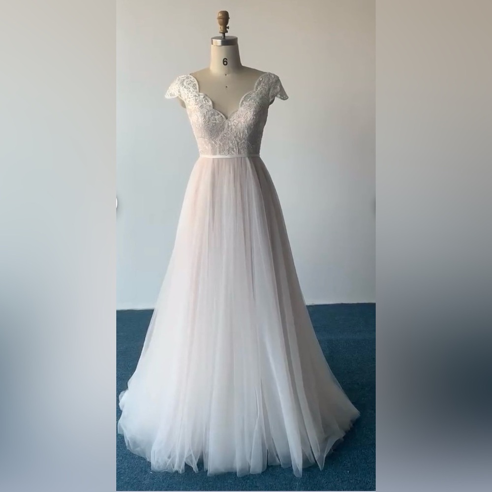 NEW Custom Made Blush Lace Wedding Dress Gown Cap Sleeves A Line
